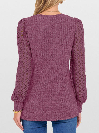 Lace Patchwork V Neck Puff Long Sleeves Blouse