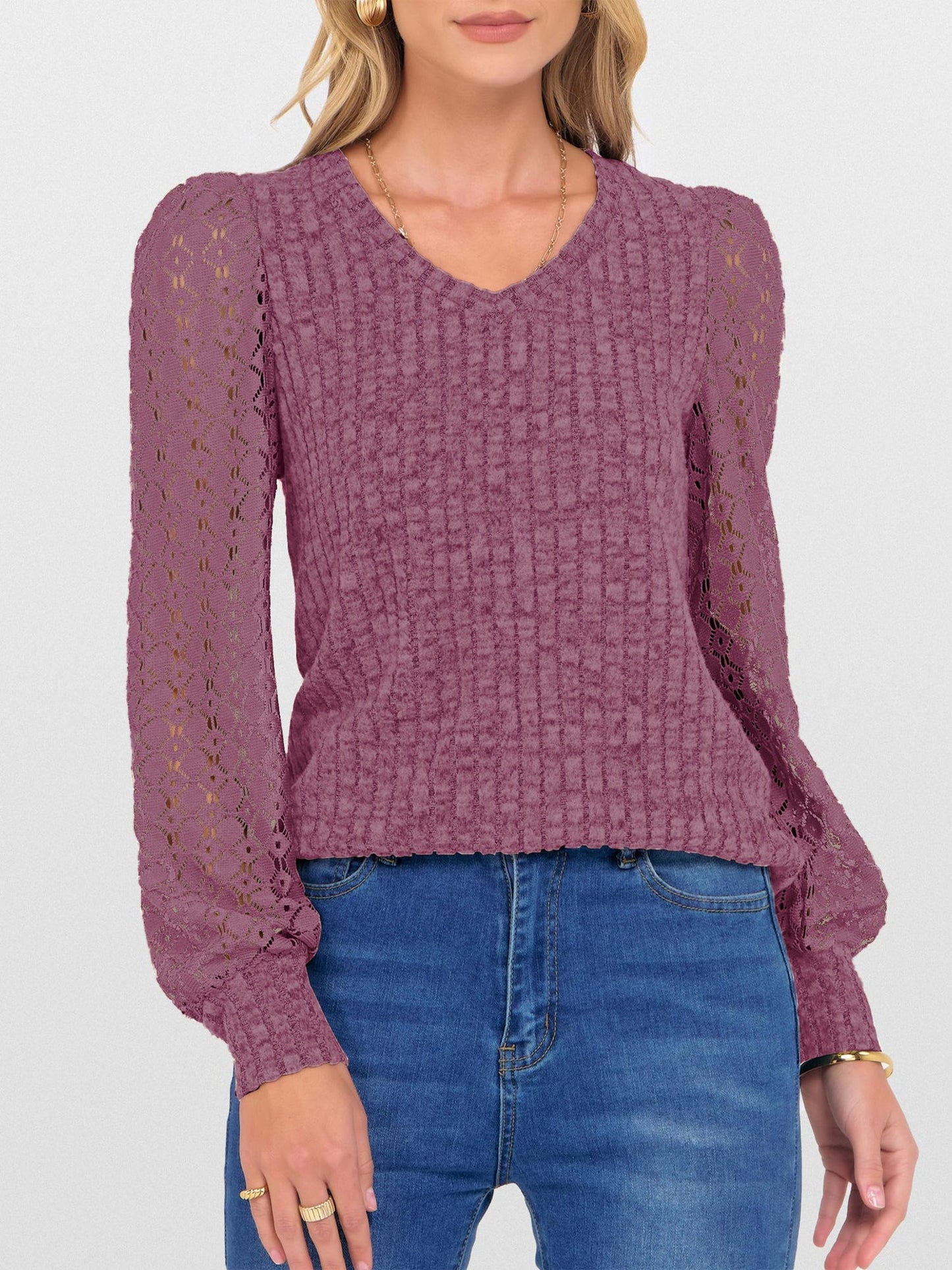 Lace Patchwork V Neck Puff Long Sleeves Blouse