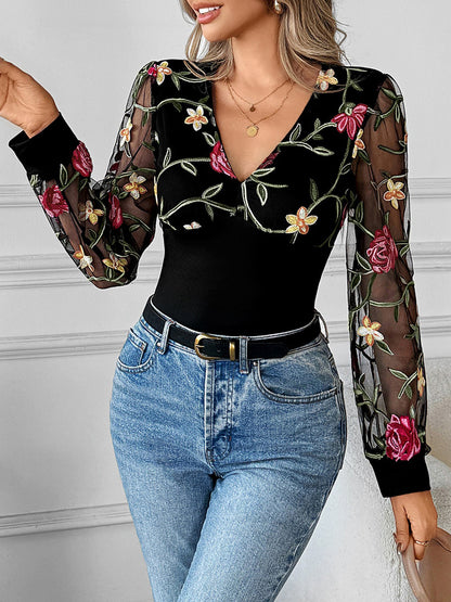 Lace Floral Embroidery Mesh Long Sleeves Blouse