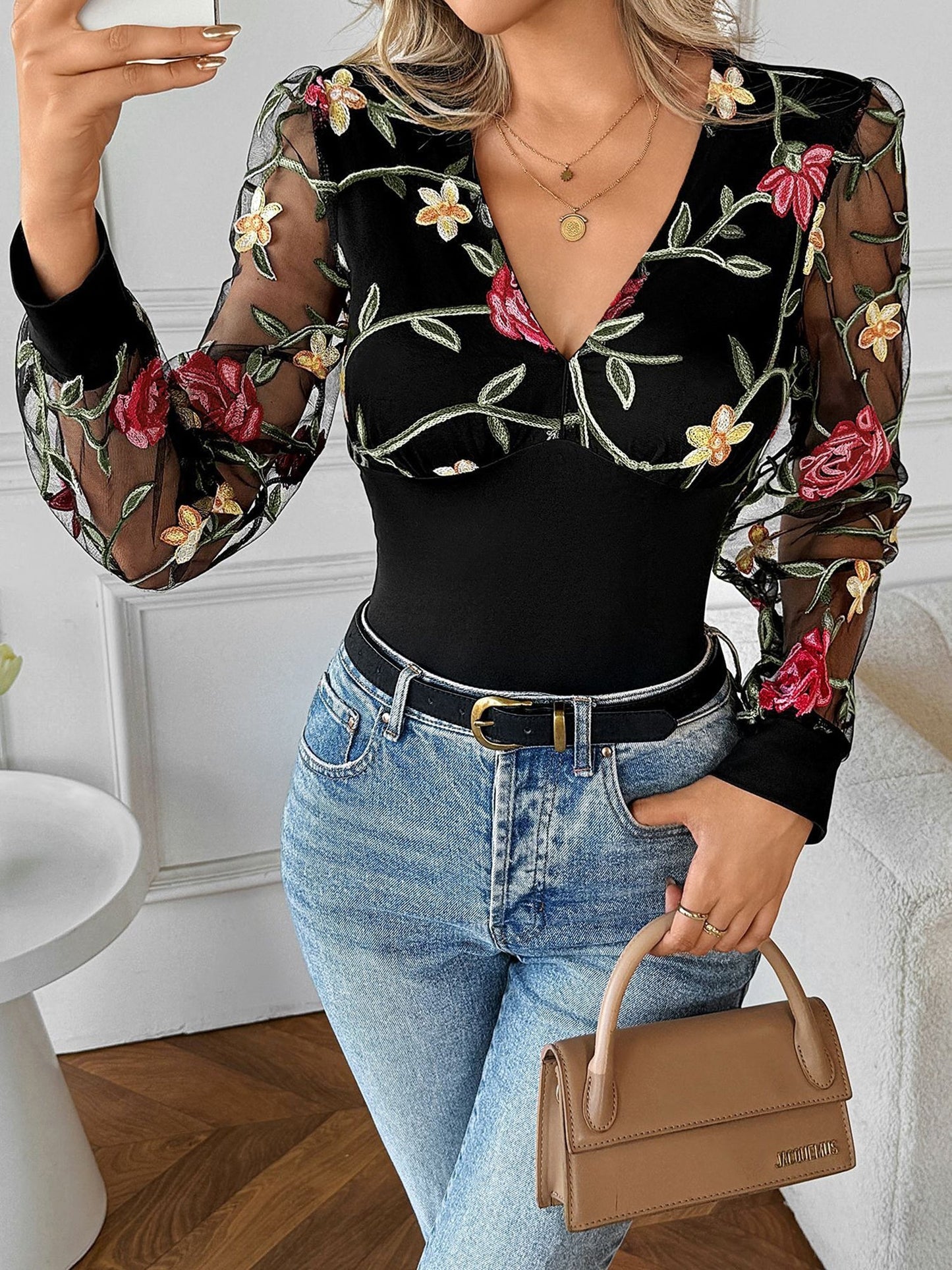 Lace Floral Embroidery Mesh Long Sleeves Blouse
