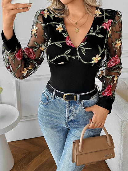 Lace Floral Embroidery Mesh Long Sleeves Blouse