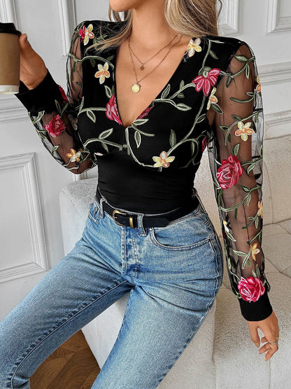 Lace Floral Embroidery Mesh Long Sleeves Blouse