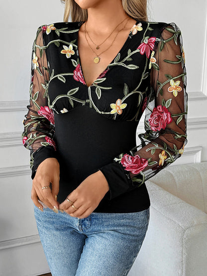 Lace Floral Embroidery Mesh Long Sleeves Blouse