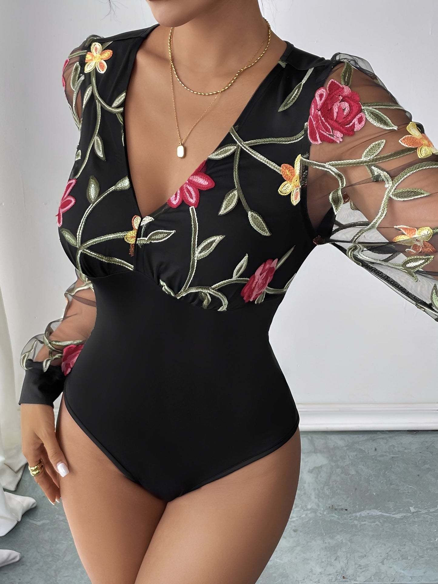 Floral Embroidered Mesh Long Sleeve V Neck Bodysuit