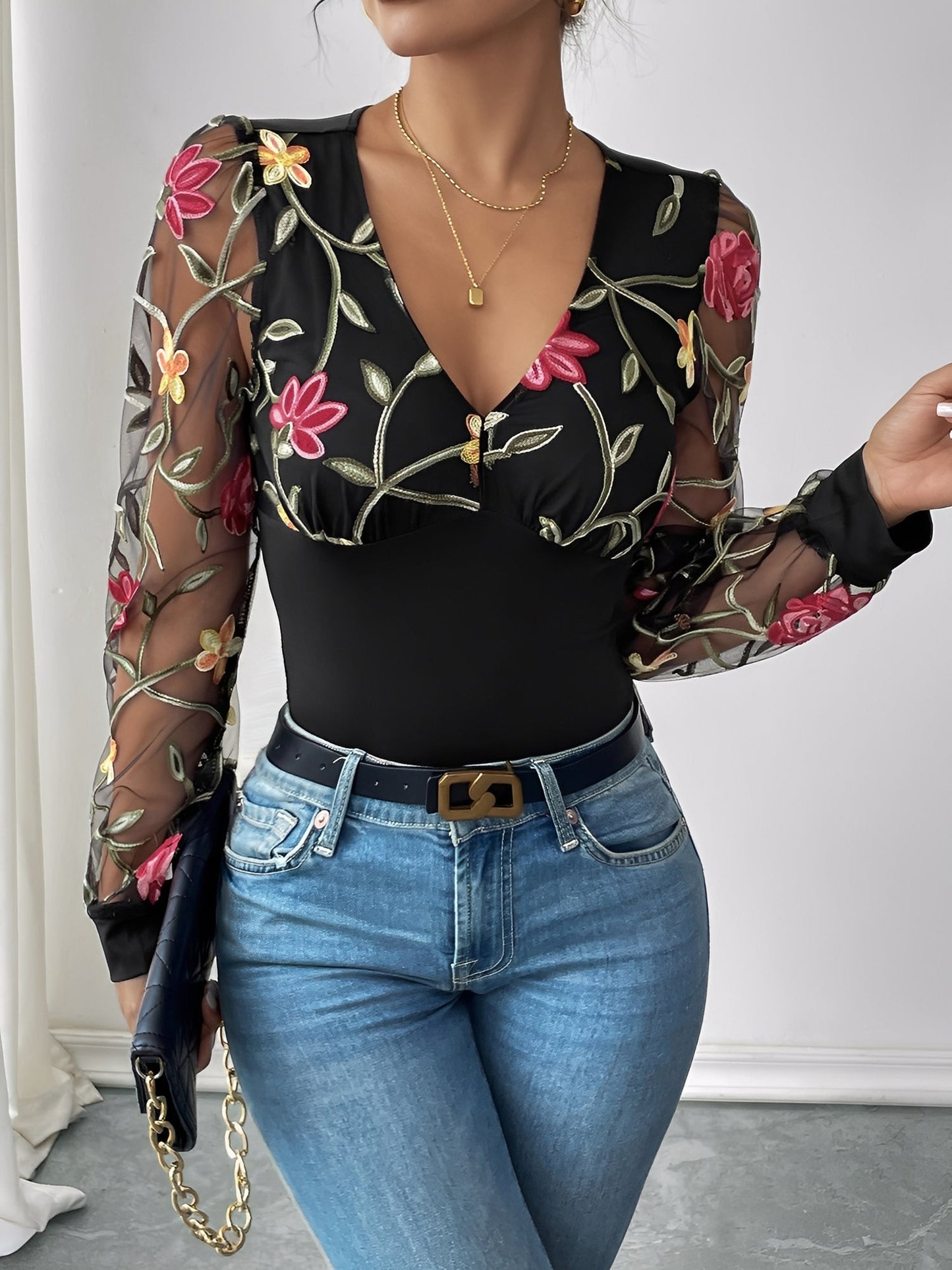 Floral Embroidered Mesh Long Sleeve V Neck Bodysuit
