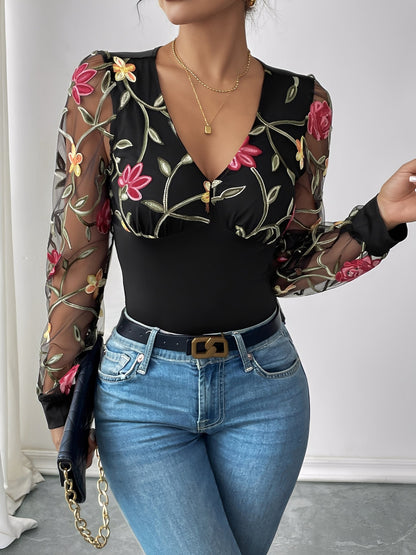 Floral Embroidered Mesh Long Sleeve V Neck Bodysuit