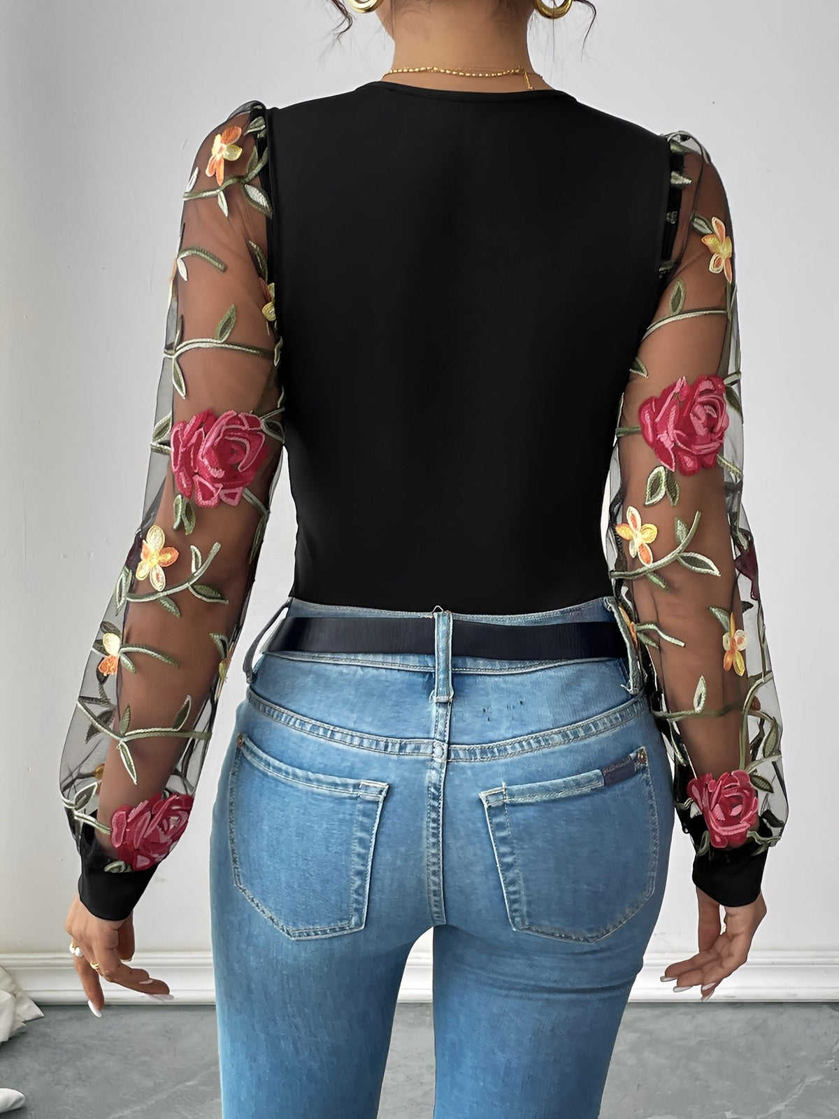 Floral Embroidered Mesh Long Sleeve V Neck Bodysuit