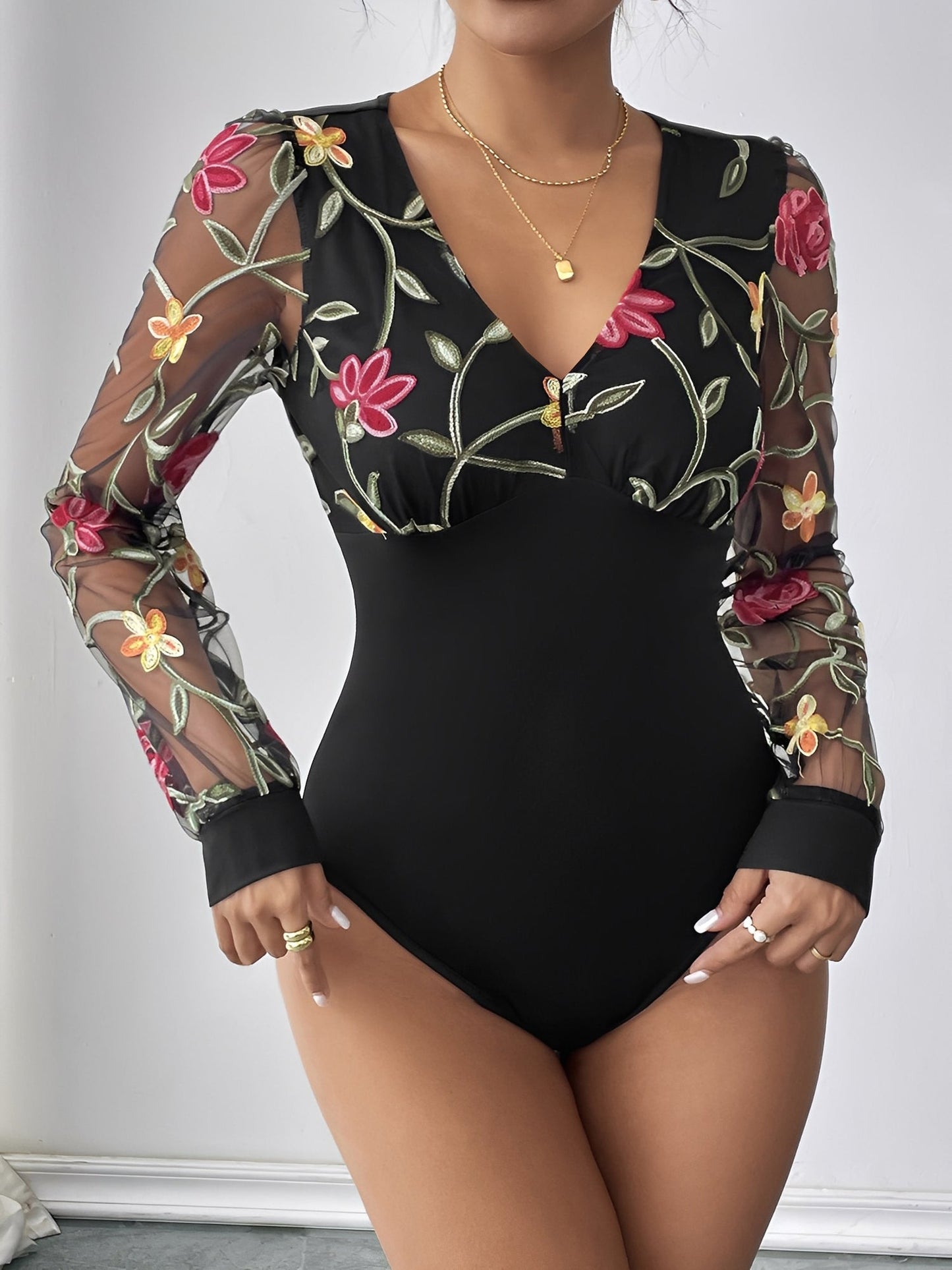 Floral Embroidered Mesh Long Sleeve V Neck Bodysuit