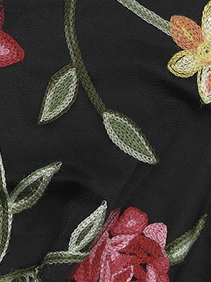 Floral Embroidered Mesh Long Sleeve V Neck Bodysuit