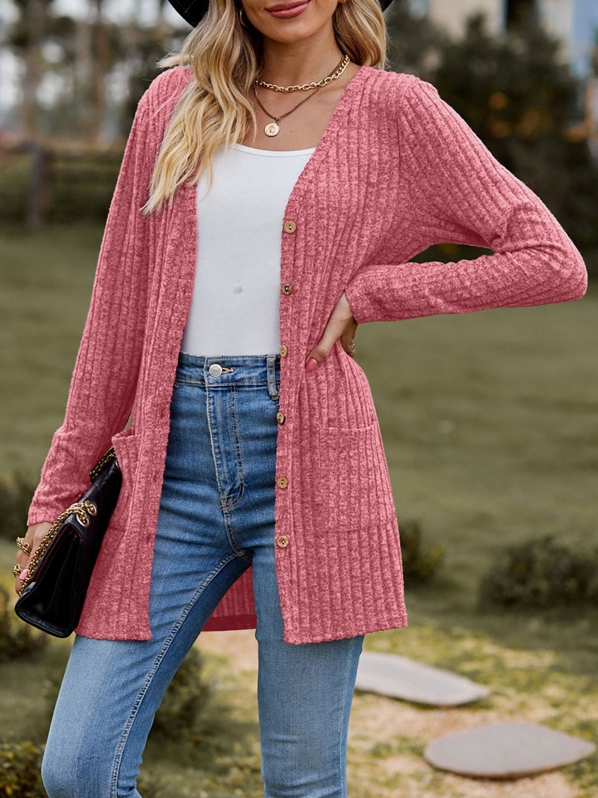 Solid Color Long Sleeve Buttoned Pockets Cardigan