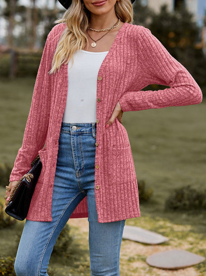 Solid Color Long Sleeve Buttoned Pockets Cardigan