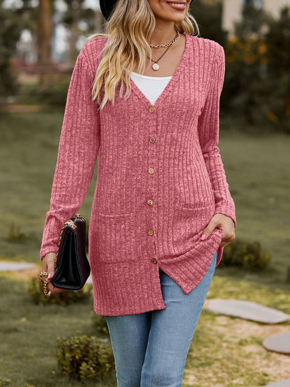 Solid Color Long Sleeve Buttoned Pockets Cardigan