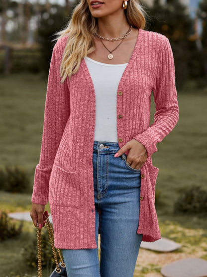 Solid Color Long Sleeve Buttoned Pockets Cardigan