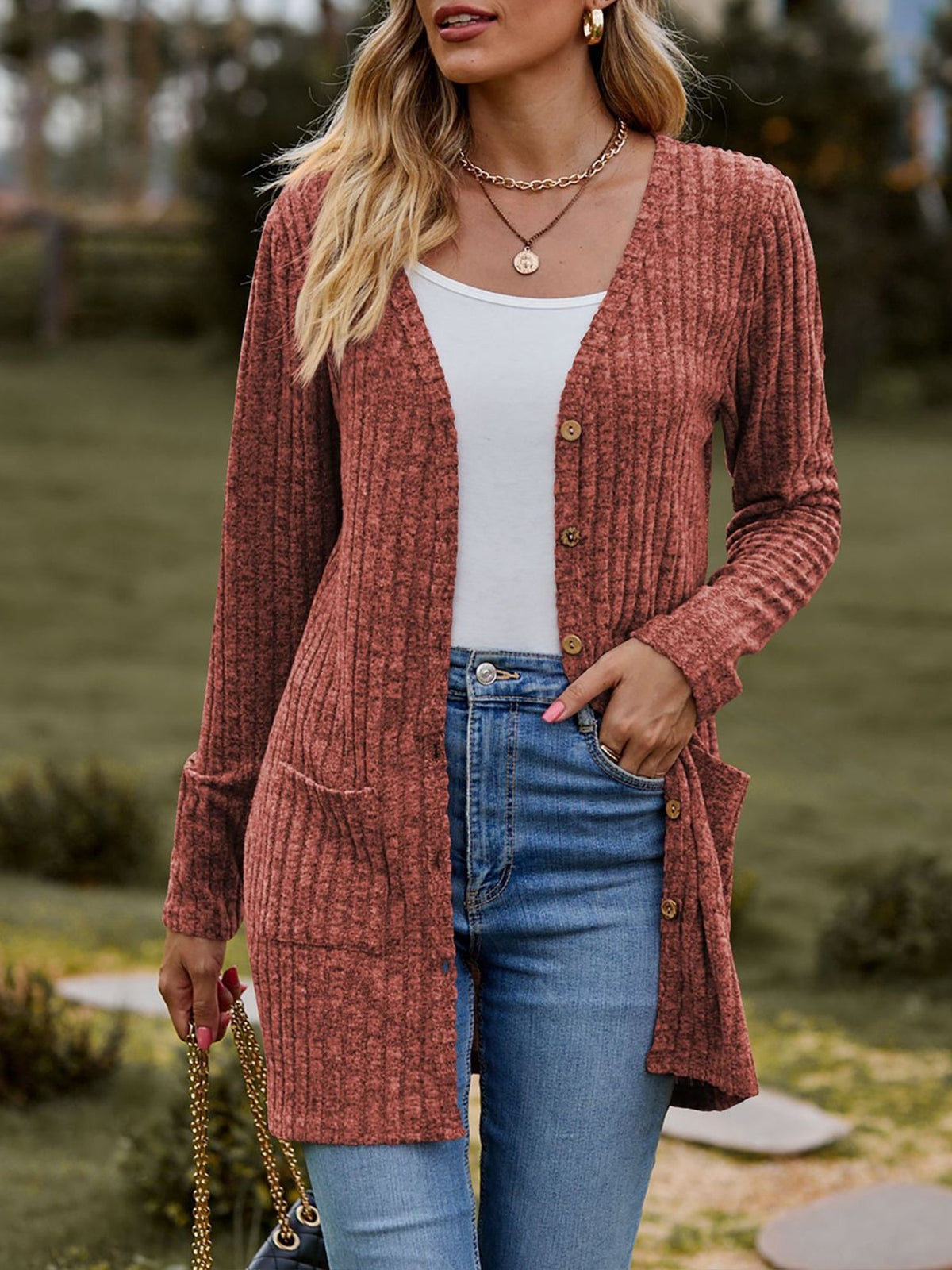 Solid Color Long Sleeve Buttoned Pockets Cardigan