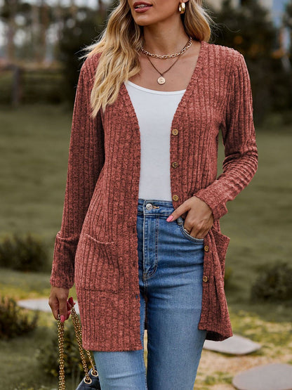 Solid Color Long Sleeve Buttoned Pockets Cardigan