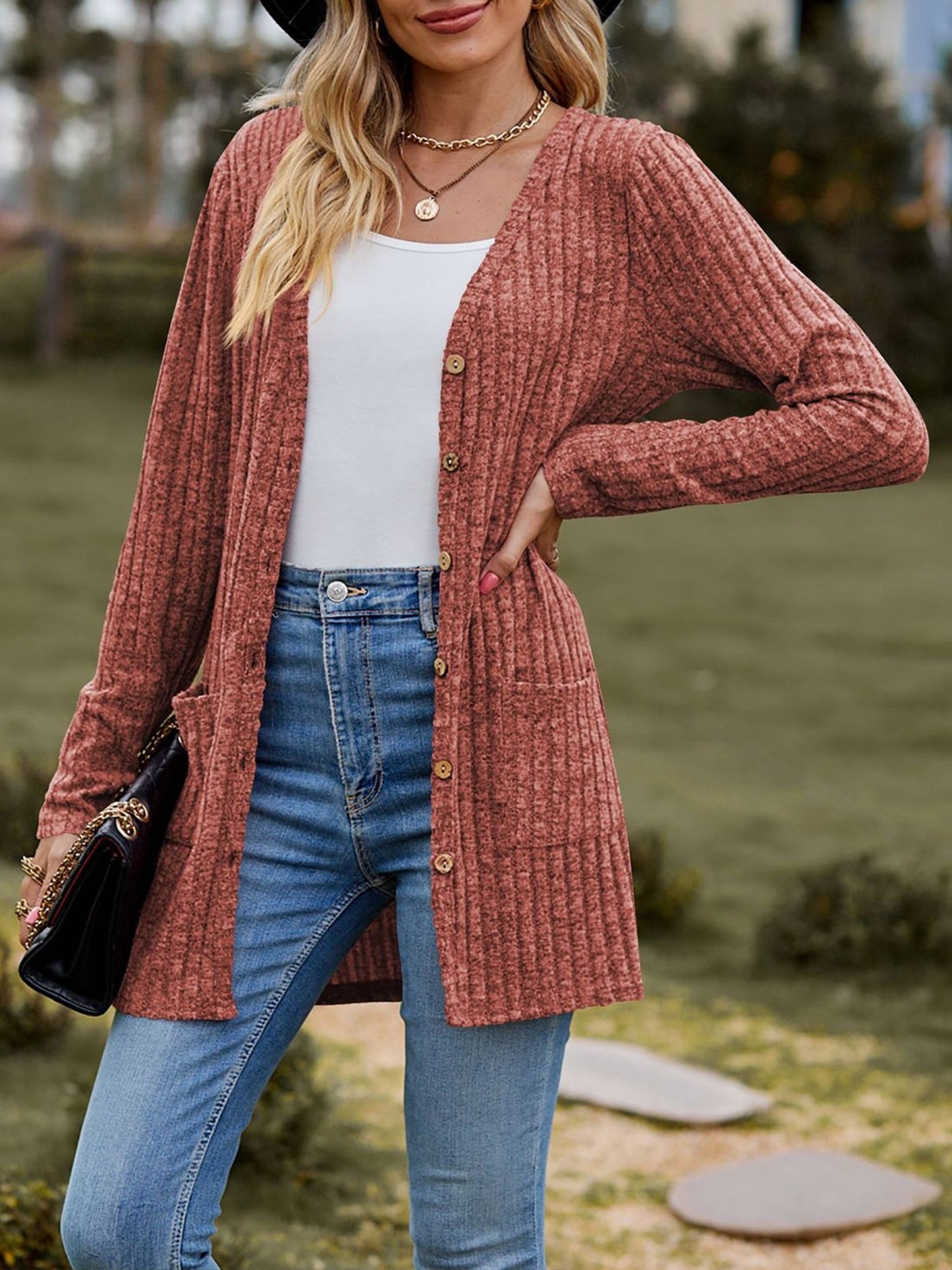 Solid Color Long Sleeve Buttoned Pockets Cardigan