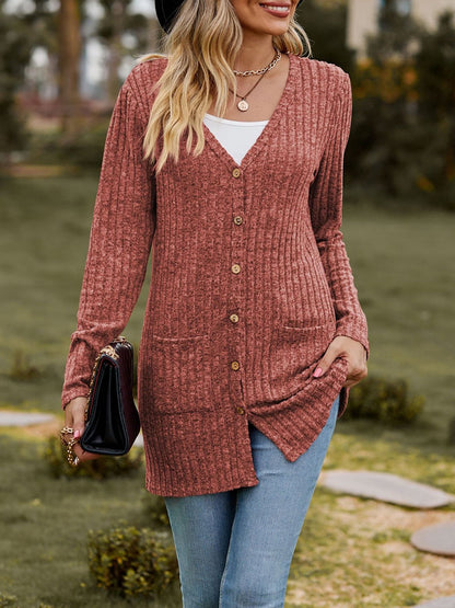 Solid Color Long Sleeve Buttoned Pockets Cardigan