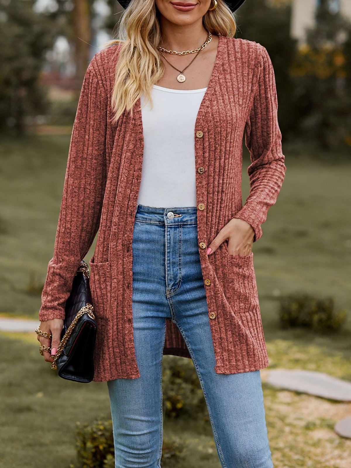 Solid Color Long Sleeve Buttoned Pockets Cardigan