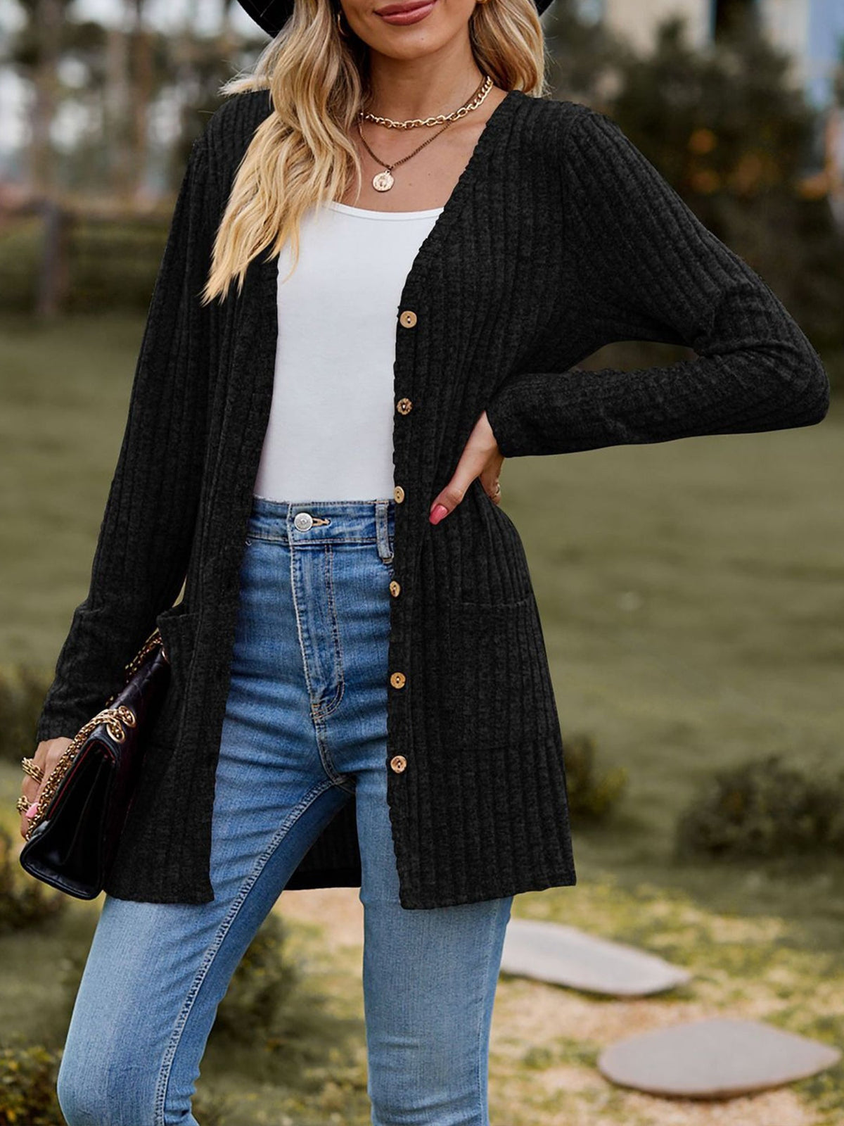 Solid Color Long Sleeve Buttoned Pockets Cardigan