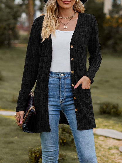 Solid Color Long Sleeve Buttoned Pockets Cardigan