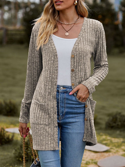 Solid Color Long Sleeve Buttoned Pockets Cardigan