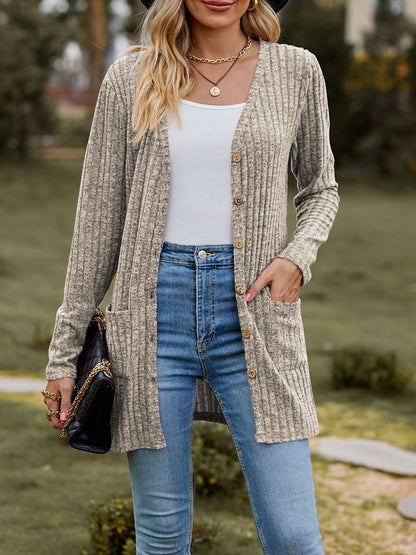 Solid Color Long Sleeve Buttoned Pockets Cardigan