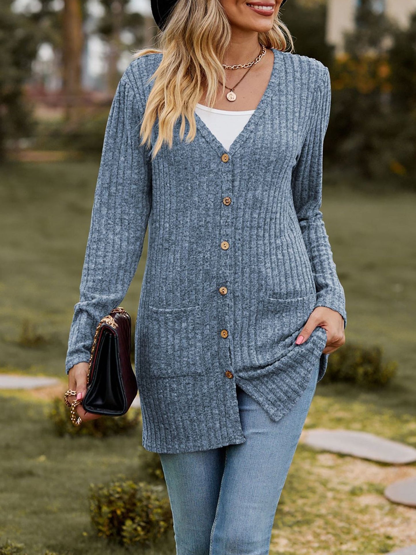 Solid Color Long Sleeve Buttoned Pockets Cardigan