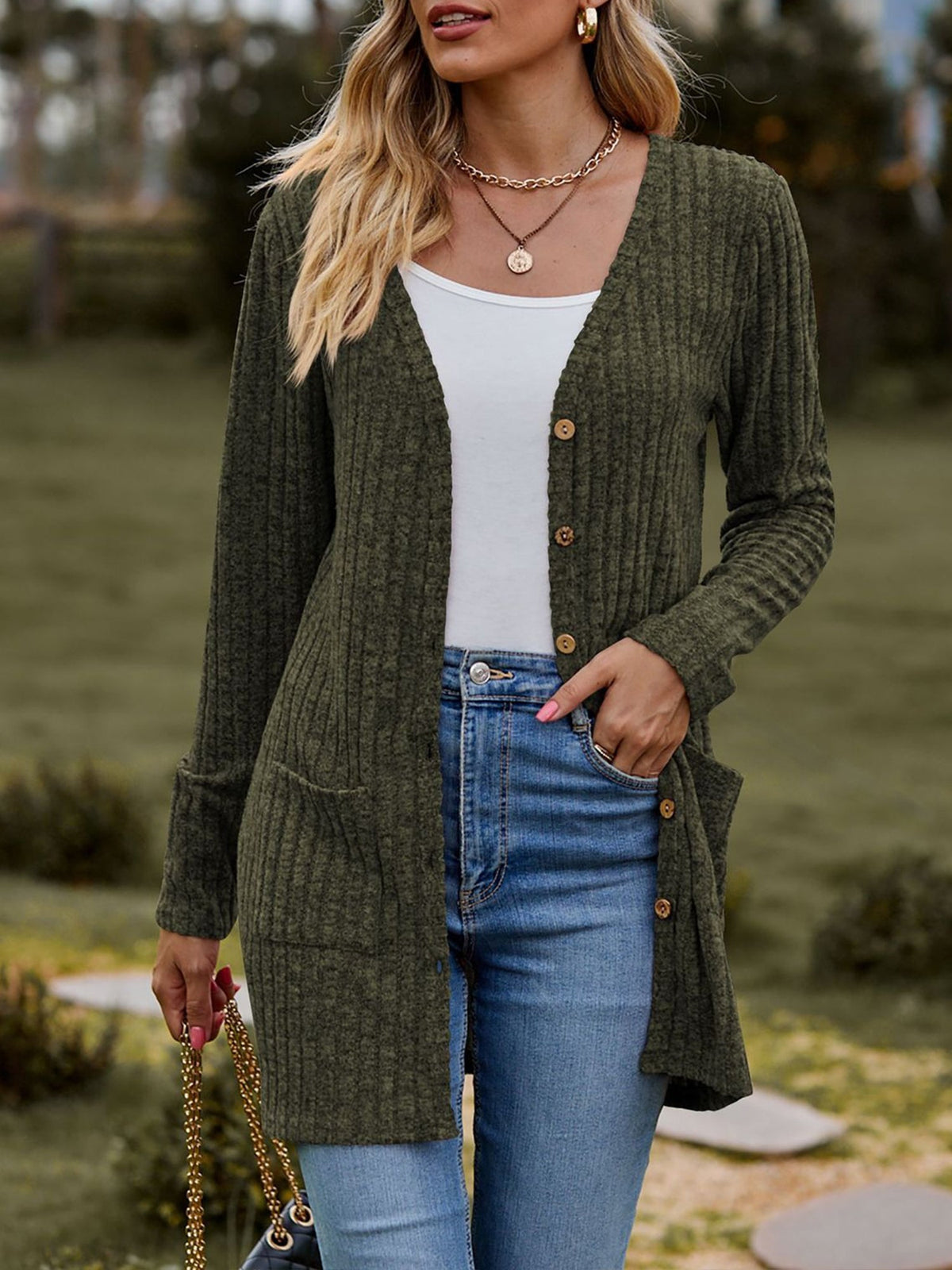 Solid Color Long Sleeve Buttoned Pockets Cardigan