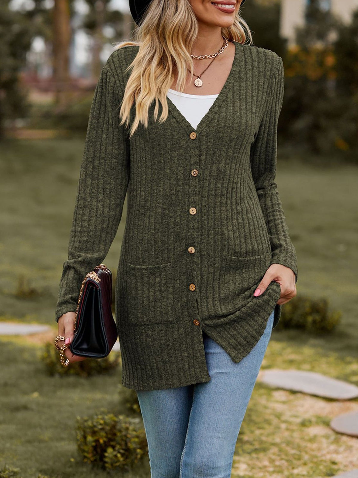 Solid Color Long Sleeve Buttoned Pockets Cardigan