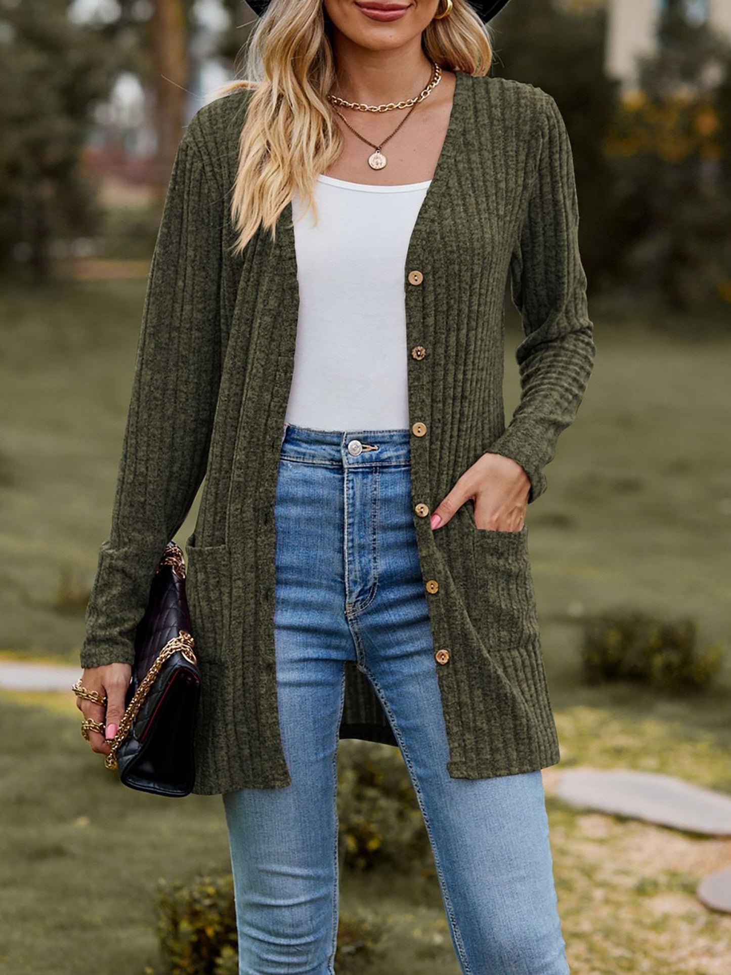 Solid Color Long Sleeve Buttoned Pockets Cardigan