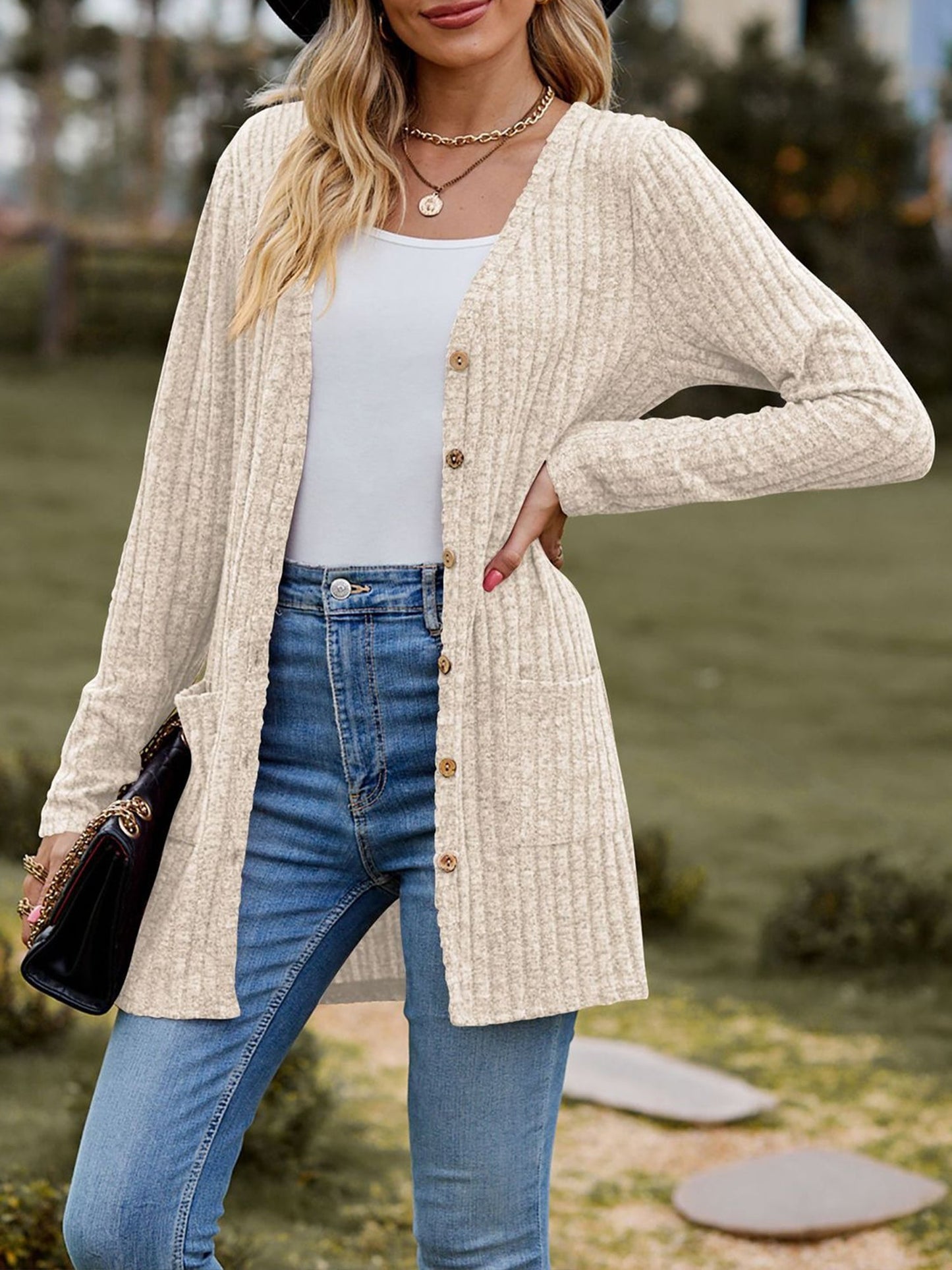 Solid Color Long Sleeve Buttoned Pockets Cardigan