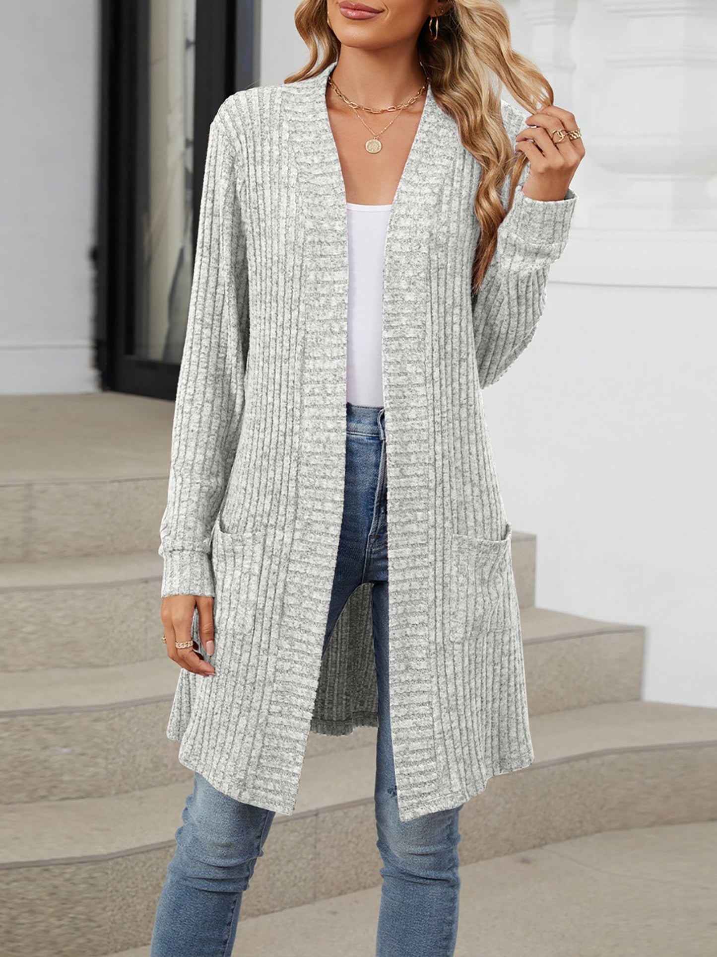 Solid Color Open Front Long Sleeves Pockets Mid-Length Cardigan