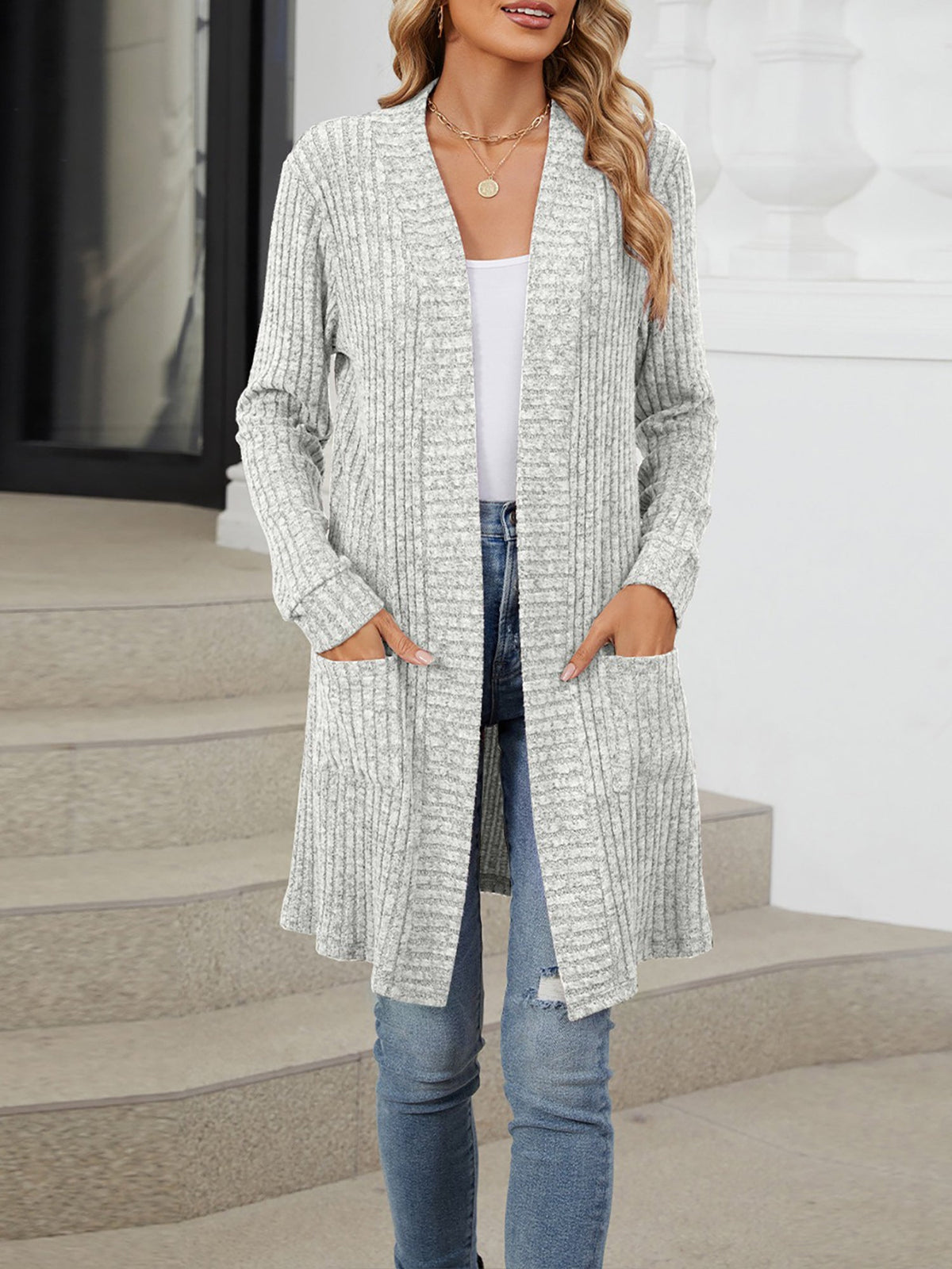 Solid Color Open Front Long Sleeves Pockets Mid-Length Cardigan