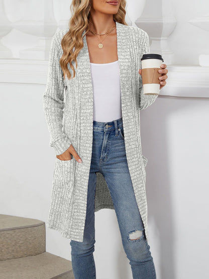 Solid Color Open Front Long Sleeves Pockets Mid-Length Cardigan