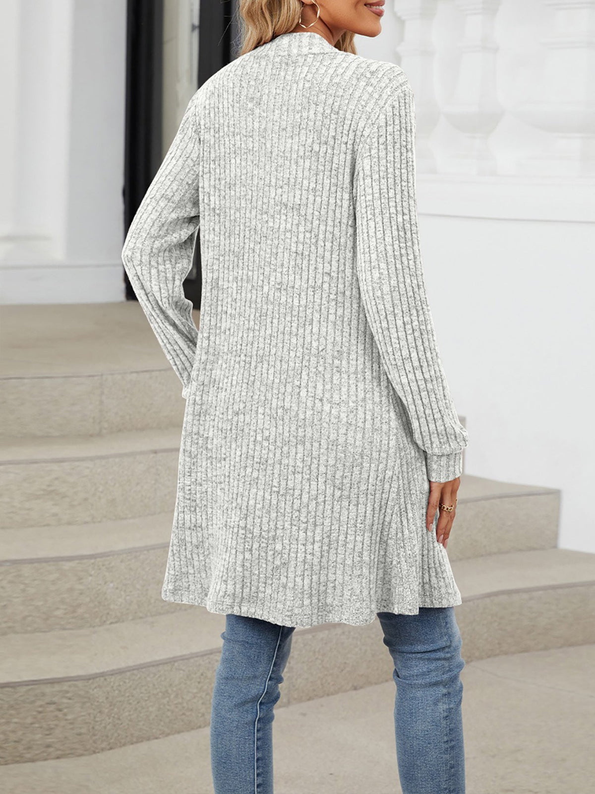 Solid Color Open Front Long Sleeves Pockets Mid-Length Cardigan