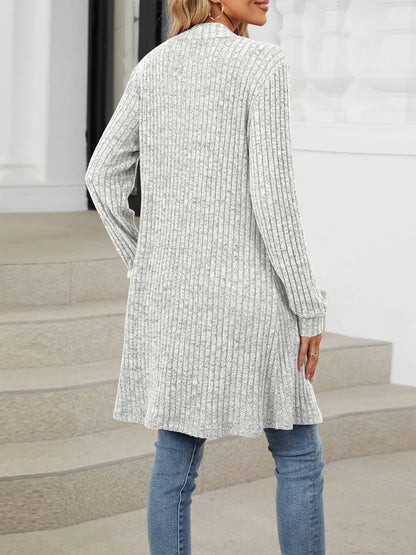 Solid Color Open Front Long Sleeves Pockets Mid-Length Cardigan