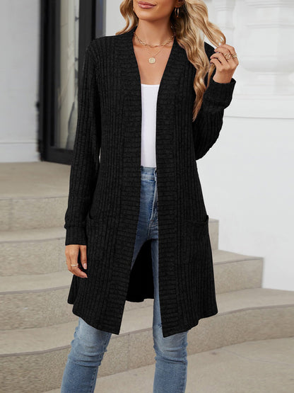 Solid Color Open Front Long Sleeves Pockets Mid-Length Cardigan