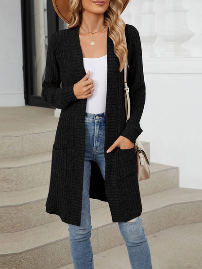 Solid Color Open Front Long Sleeves Pockets Mid-Length Cardigan