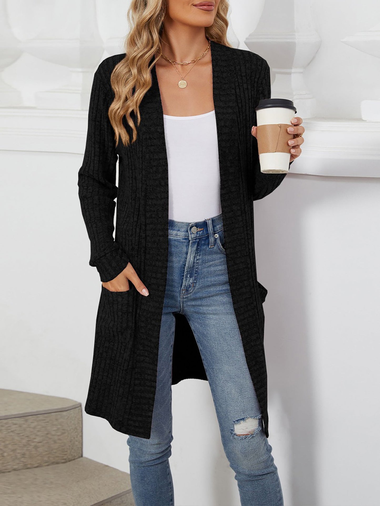 Solid Color Open Front Long Sleeves Pockets Mid-Length Cardigan
