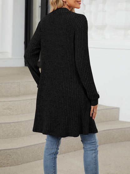 Solid Color Open Front Long Sleeves Pockets Mid-Length Cardigan