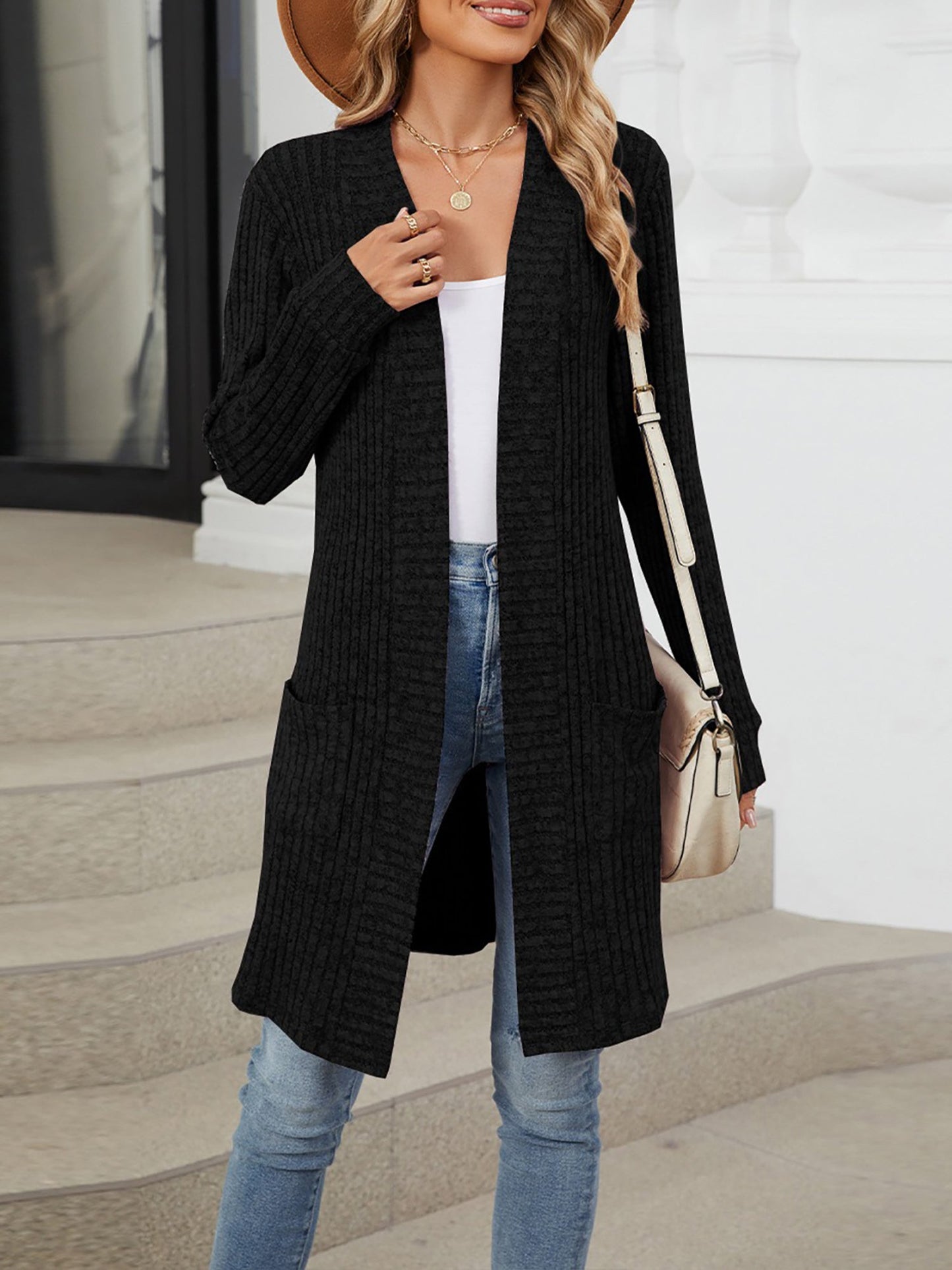 Solid Color Open Front Long Sleeves Pockets Mid-Length Cardigan