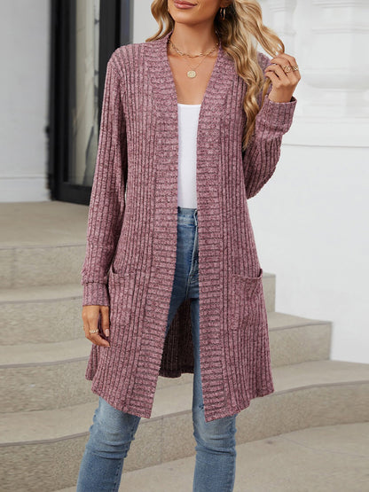 Solid Color Open Front Long Sleeves Pockets Mid-Length Cardigan