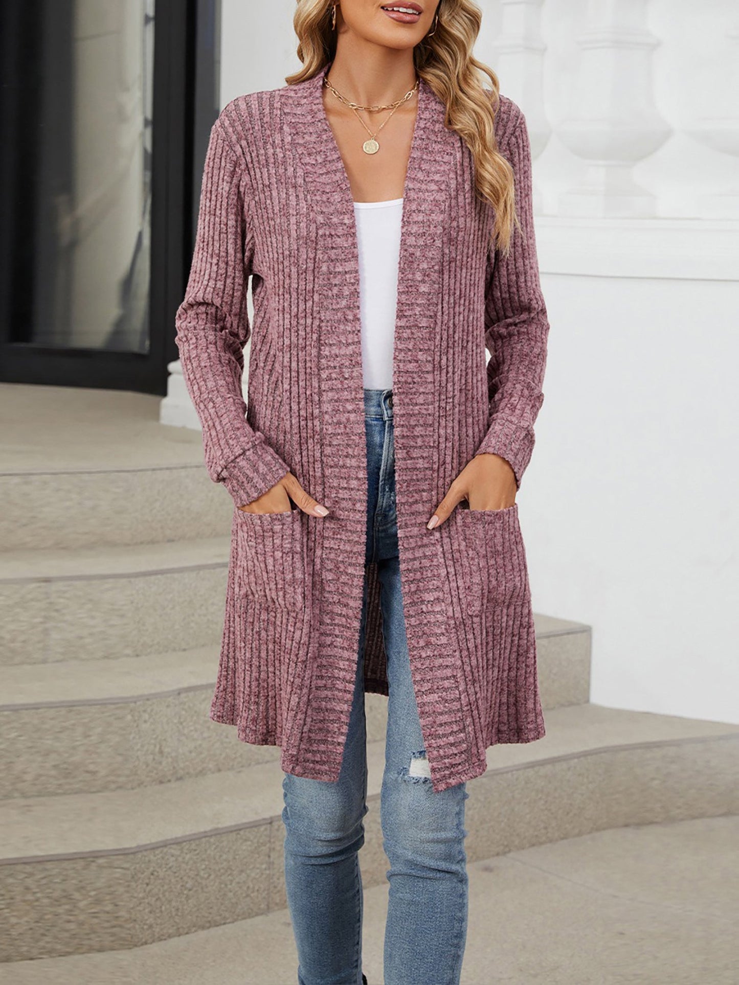 Solid Color Open Front Long Sleeves Pockets Mid-Length Cardigan
