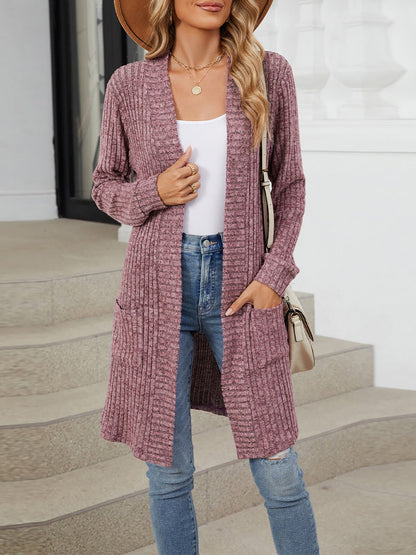 Solid Color Open Front Long Sleeves Pockets Mid-Length Cardigan