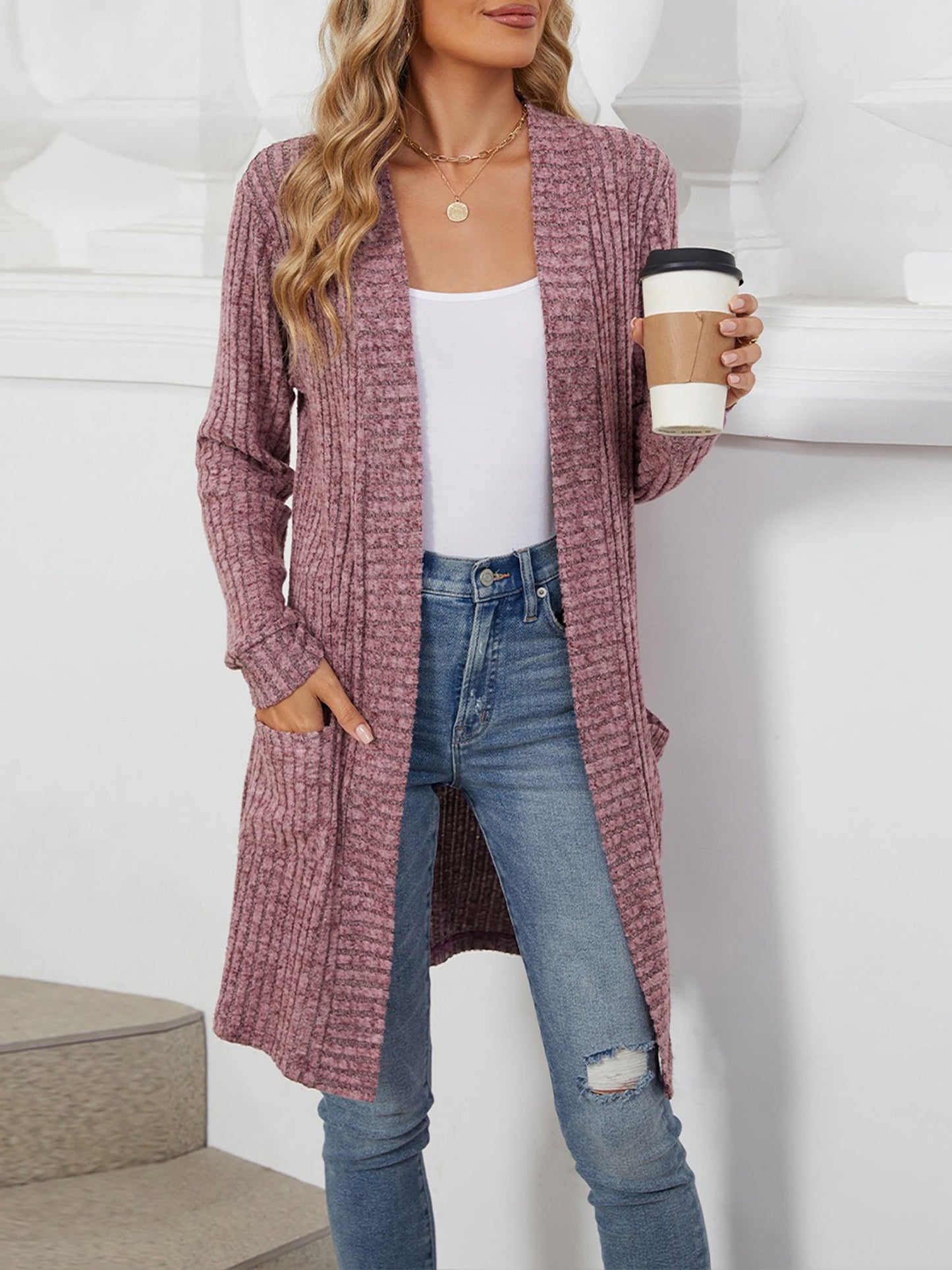 Solid Color Open Front Long Sleeves Pockets Mid-Length Cardigan