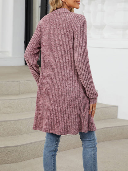 Solid Color Open Front Long Sleeves Pockets Mid-Length Cardigan
