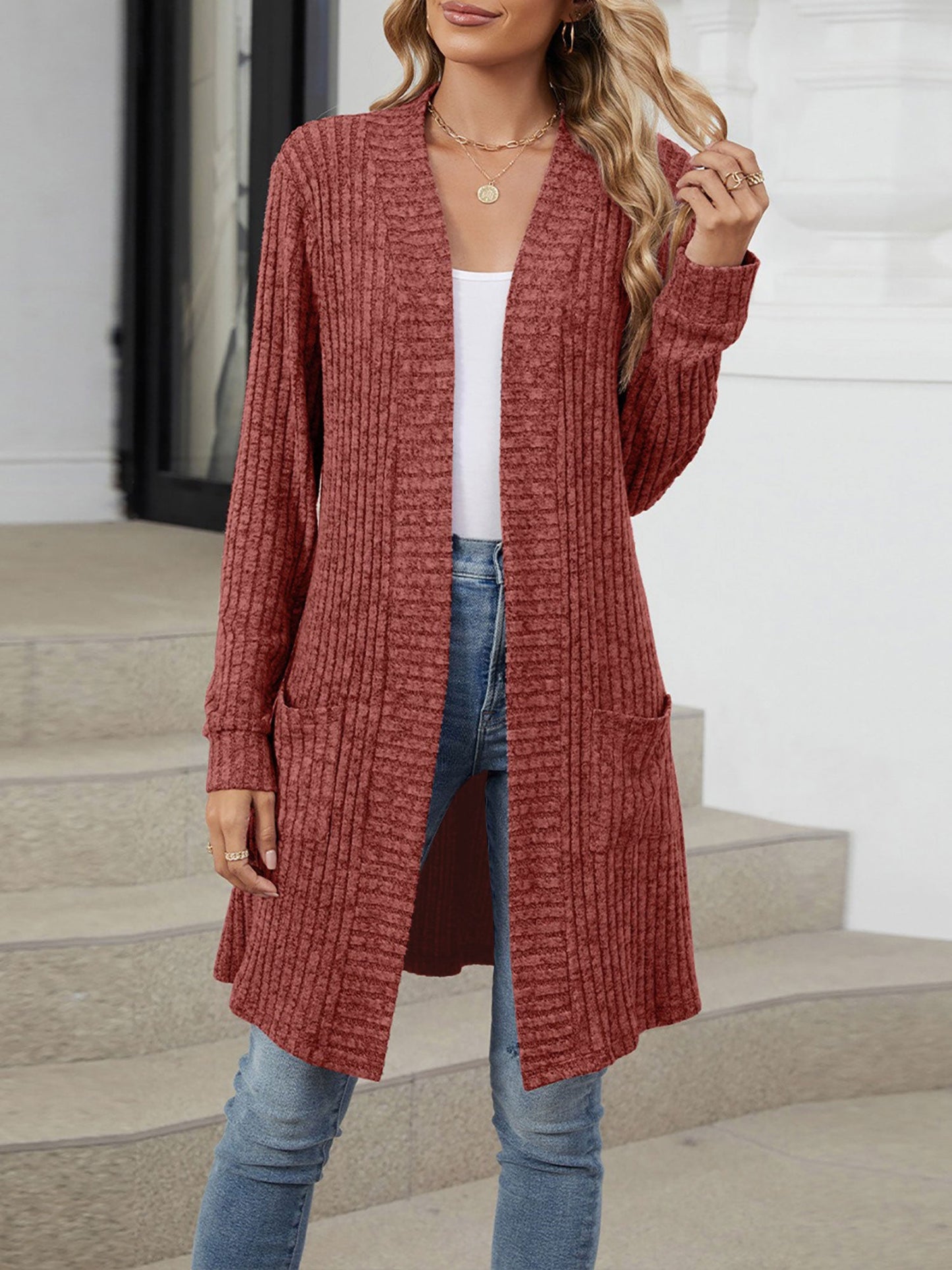 Solid Color Open Front Long Sleeves Pockets Mid-Length Cardigan