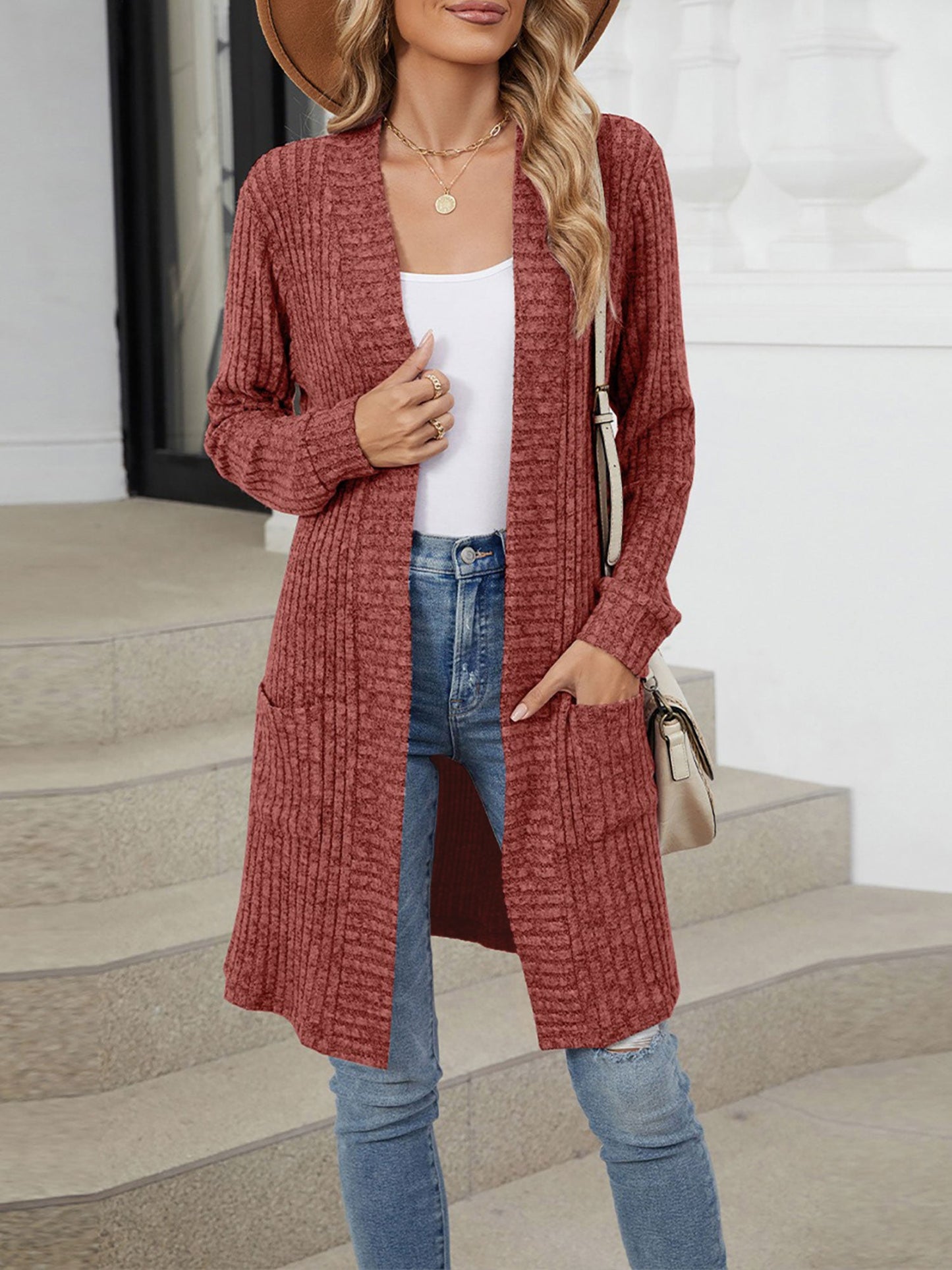 Solid Color Open Front Long Sleeves Pockets Mid-Length Cardigan