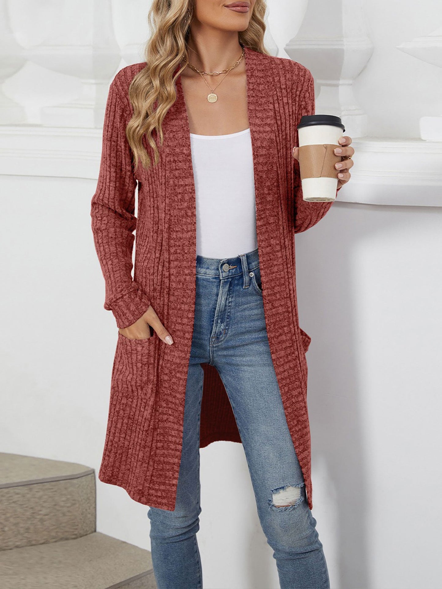 Solid Color Open Front Long Sleeves Pockets Mid-Length Cardigan
