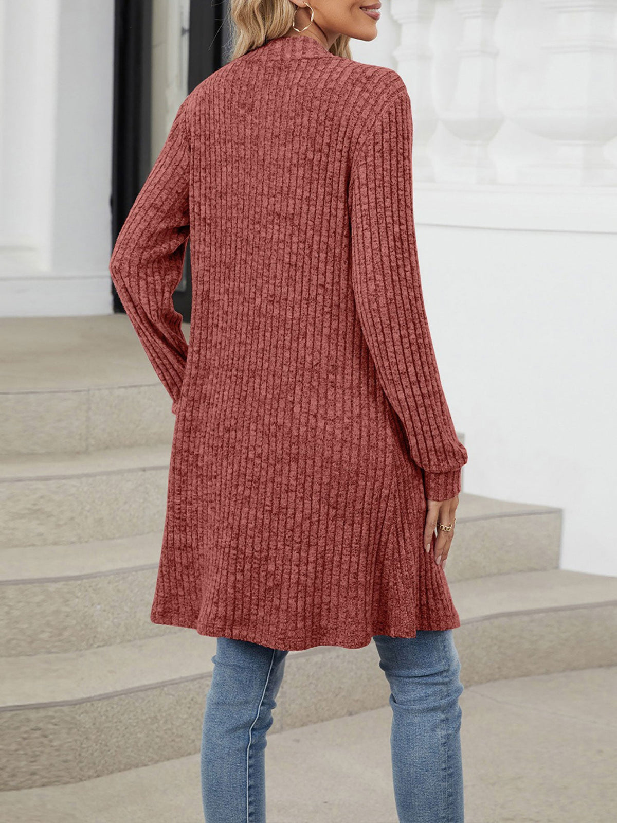 Solid Color Open Front Long Sleeves Pockets Mid-Length Cardigan